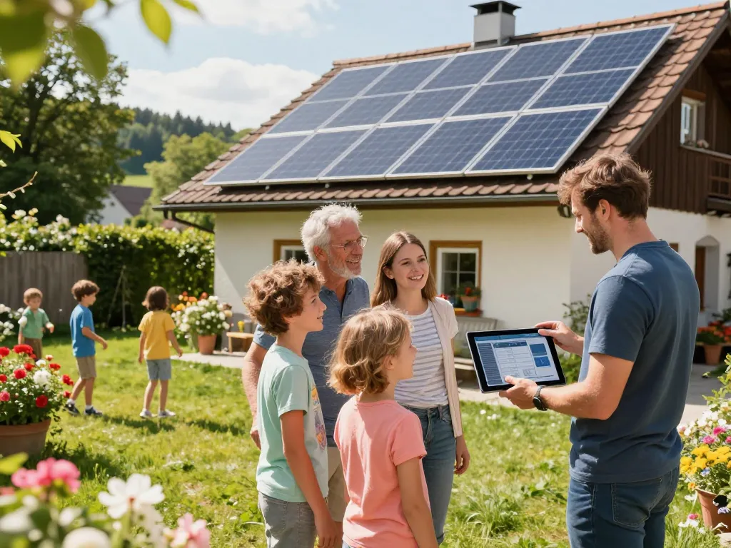 Familie bespricht die Installation von Solarpanelen in einem sonnigen bayerischen Garten