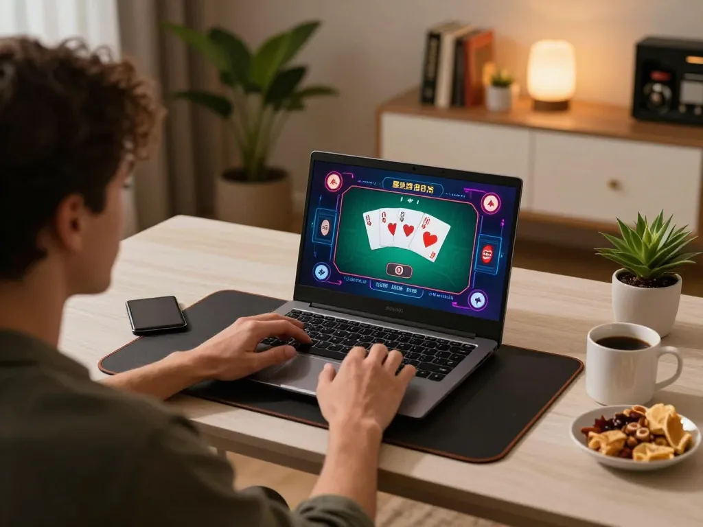Household setup displaying Nhà Cái RR88 gaming on a laptop with poker interface, showcasing a responsible gambling atmosphere.