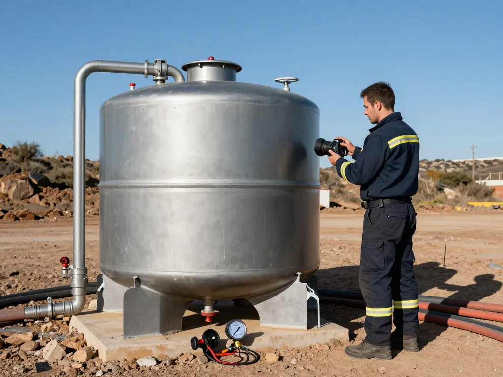 Löschwasserzisterne für Industrieanlage, dargestellt an einem Industriestandort mit Technikern, die den Tank inspizieren.