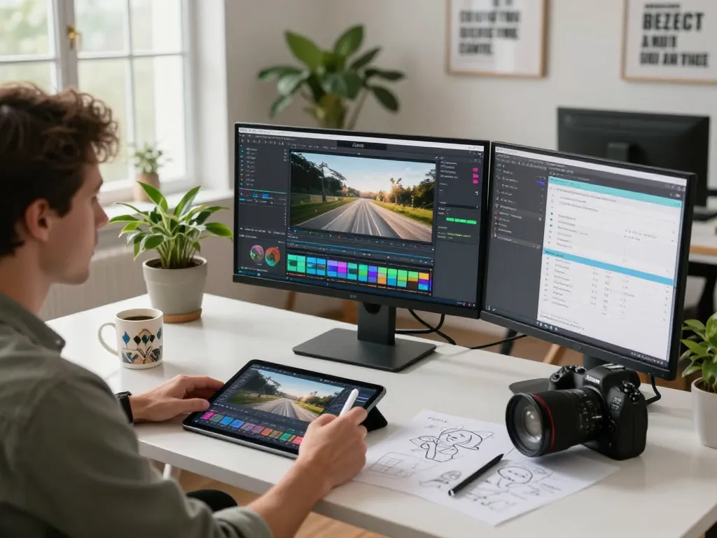 Dynamic workspace showcasing motion control technology in action, with a creator animating videos on dual monitors.