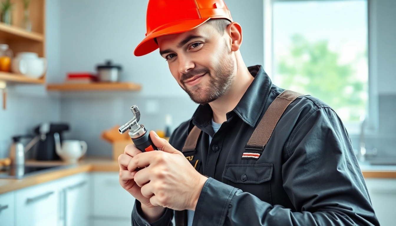 Installateur Notdienst bei der Arbeit in einer modernen Küche, um Klempnerprobleme schnell zu lösen.