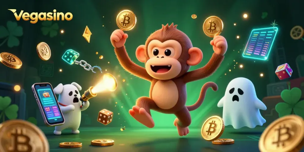 Play at Vegasino with a delightful scene of a poltergeist monkey and a curious puppy in a haunted casino.