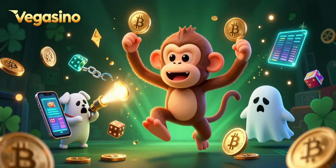 Play at Vegasino with a delightful scene of a poltergeist monkey and a curious puppy in a haunted casino.