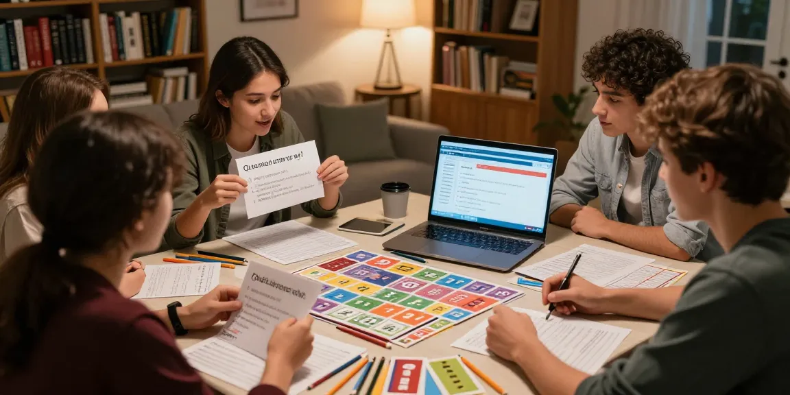 Quiz Allgemeinwissen in einer gemütlichen Runde mit Freunden, die angeregt diskutieren.