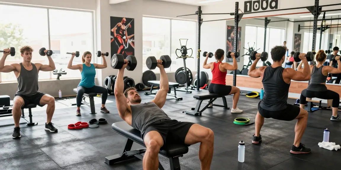 Anabolika Shop Deutschland - verschiedene Bodybuilder trainieren in einem lebhaften Fitnessstudio, mit Fokus auf Kraft- und Muskelwachstum.