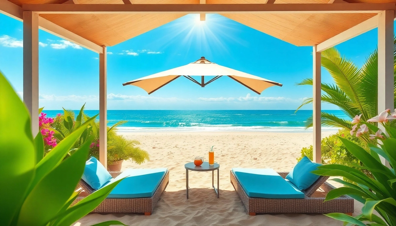 Entspannen Sie im luxuriösen coastal cabana mit Blick aufs Meer und modernen Liegen.