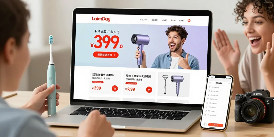 Laifen de Prime Day Sale mit elektrischen Zahnbürsten, Haartrockner und Rasierern in einem einladenden E-Commerce-Einkaufsumfeld.