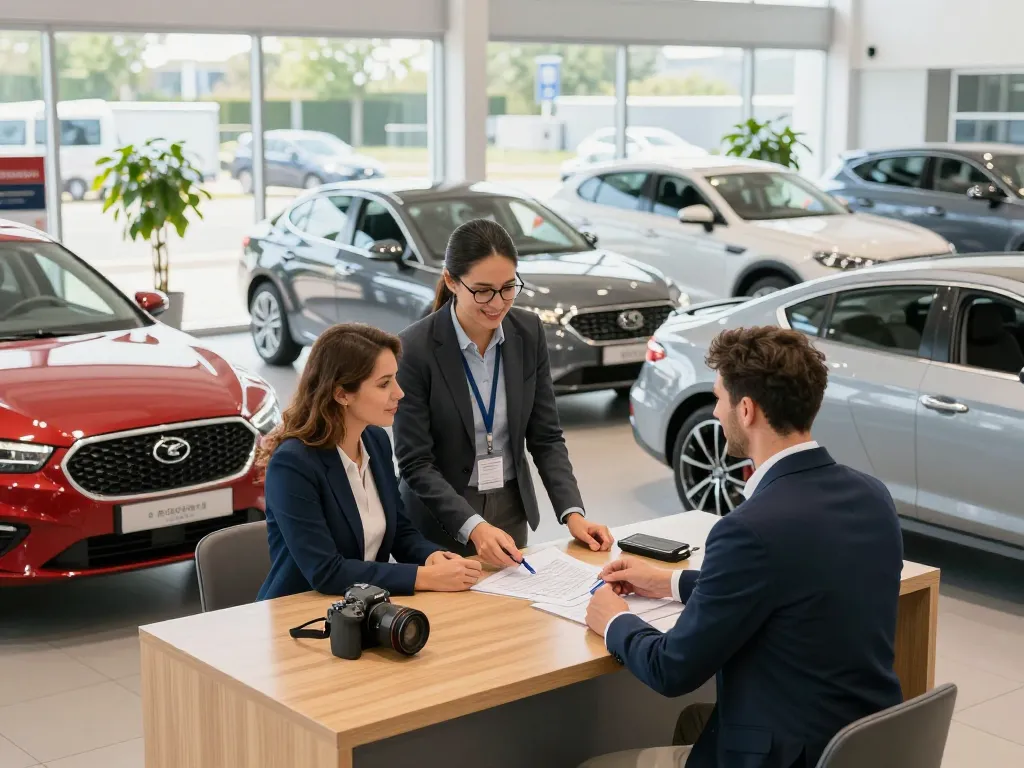 Dynamische Autohandel-Filiale mit freundlichem Personal, das Kunden in einem hellen Verkaufsraum unterstützt.