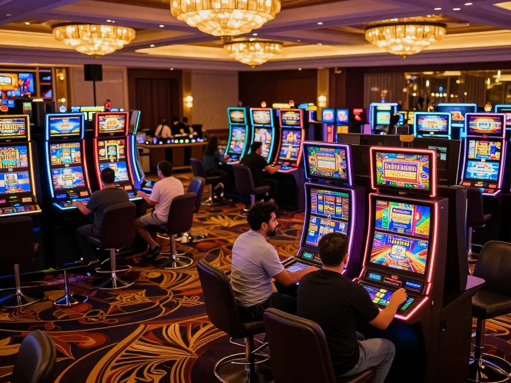 KUBET players enjoying vibrant slot machines in an upscale casino environment