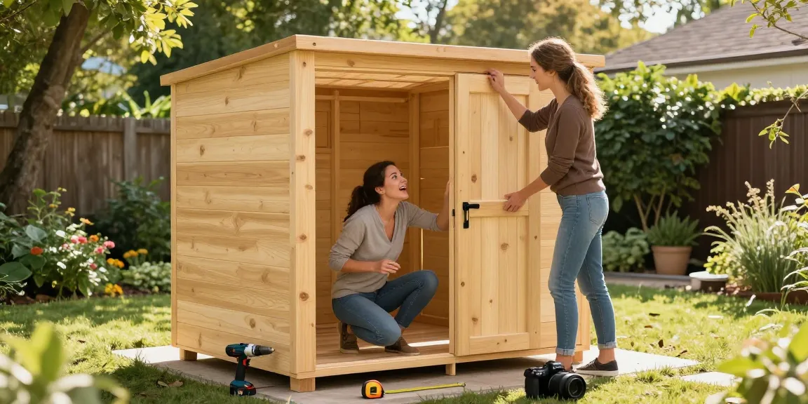 Gartenhaus aus Holz wird von einem Paar im Garten montiert, umgeben von Werkzeugen und Pflanzen.