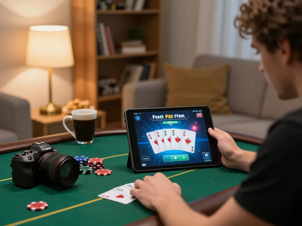 gg88 player engaging in online poker game at home with tablet, warm cozy setting