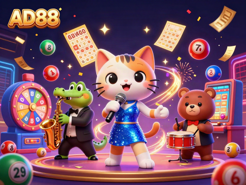 Experience exhilarating fun with AD88 at this vibrant casino stage scene featuring lively characters and dynamic game elements.