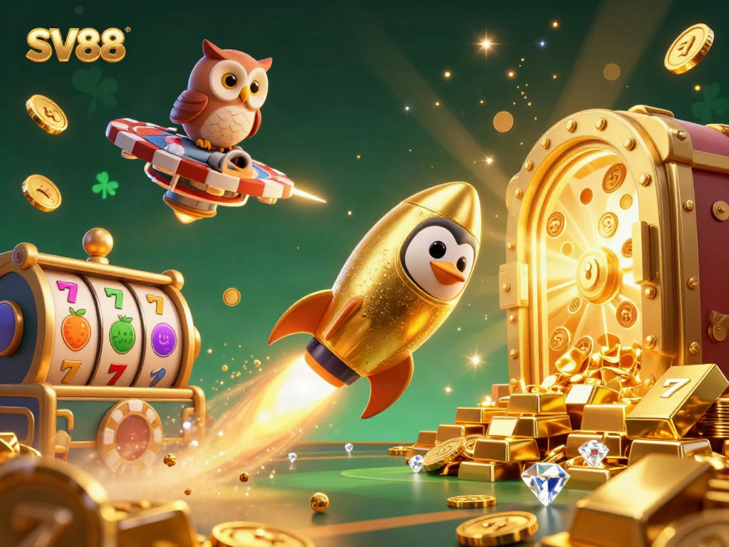 Experience SV88 action with a golden penguin and casino space station, showcasing vibrant online gambling elements.