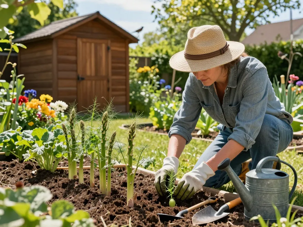 Gardener planting spargel pflanzen in rich soil surrounded by vibrant greenery.