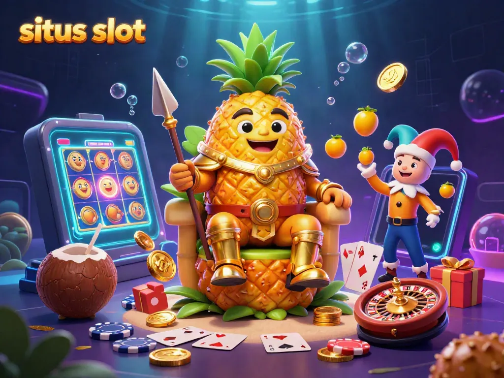 Situs slot illustrated with a golden pineapple king surrounded by gaming elements, showcasing vibrant casino atmosphere.