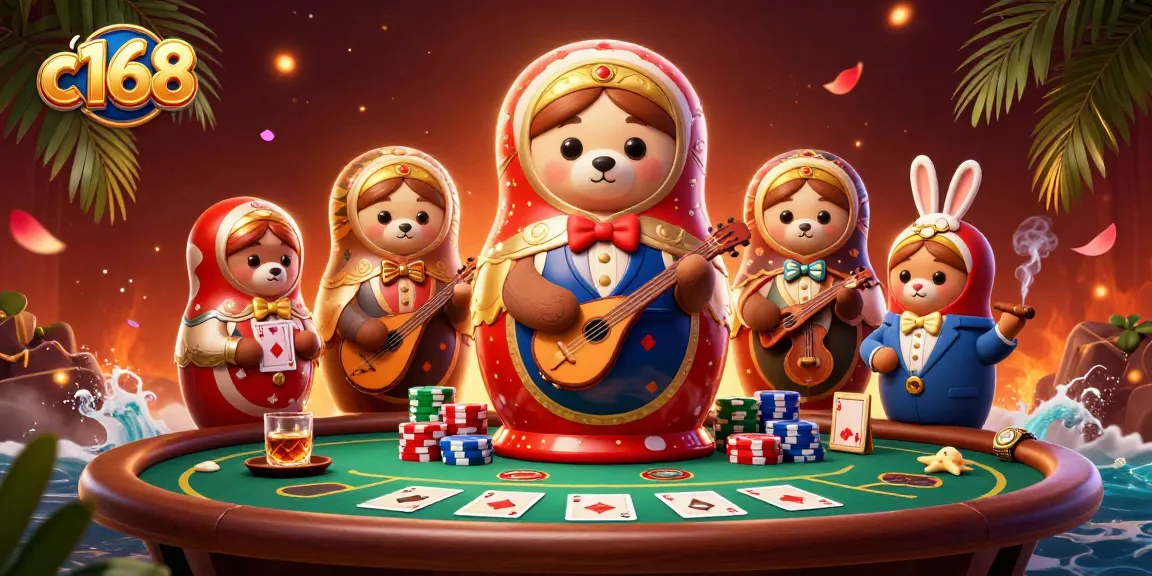 Engage with c168's vibrant casino scene featuring a melodic bear and dynamic poker elements.