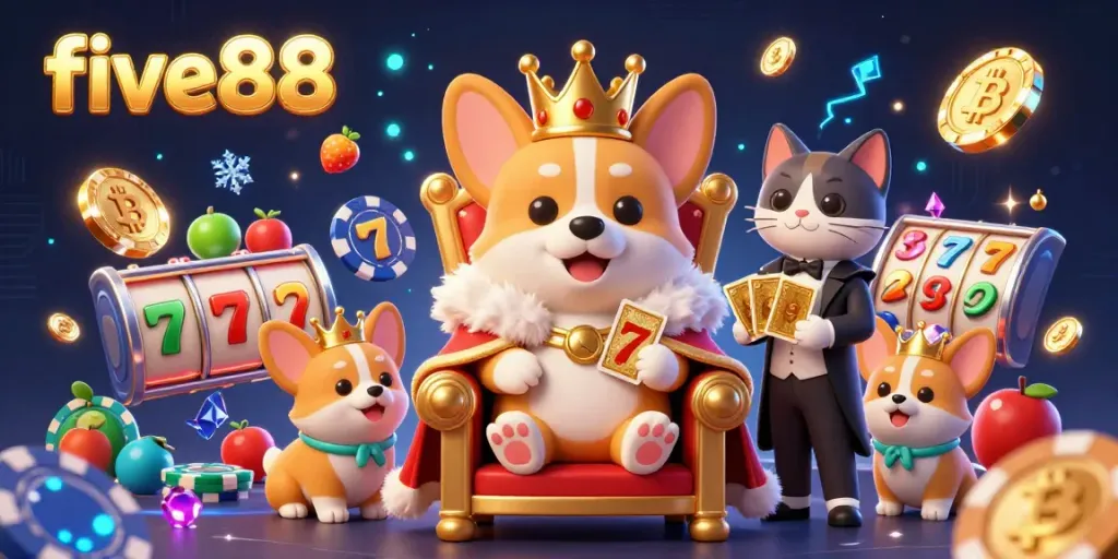 Engage with five88's exhilarating slot games featuring a royal corgi on a throne of poker chips.