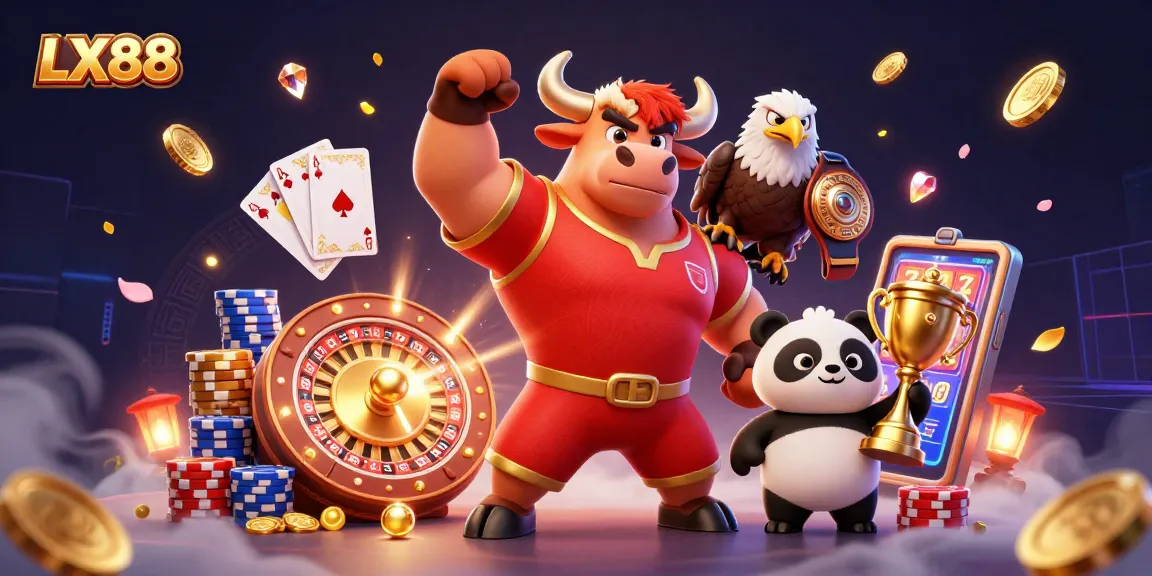 Win big with LX88: a vibrant casino scene featuring celebratory characters amidst dazzling game elements.