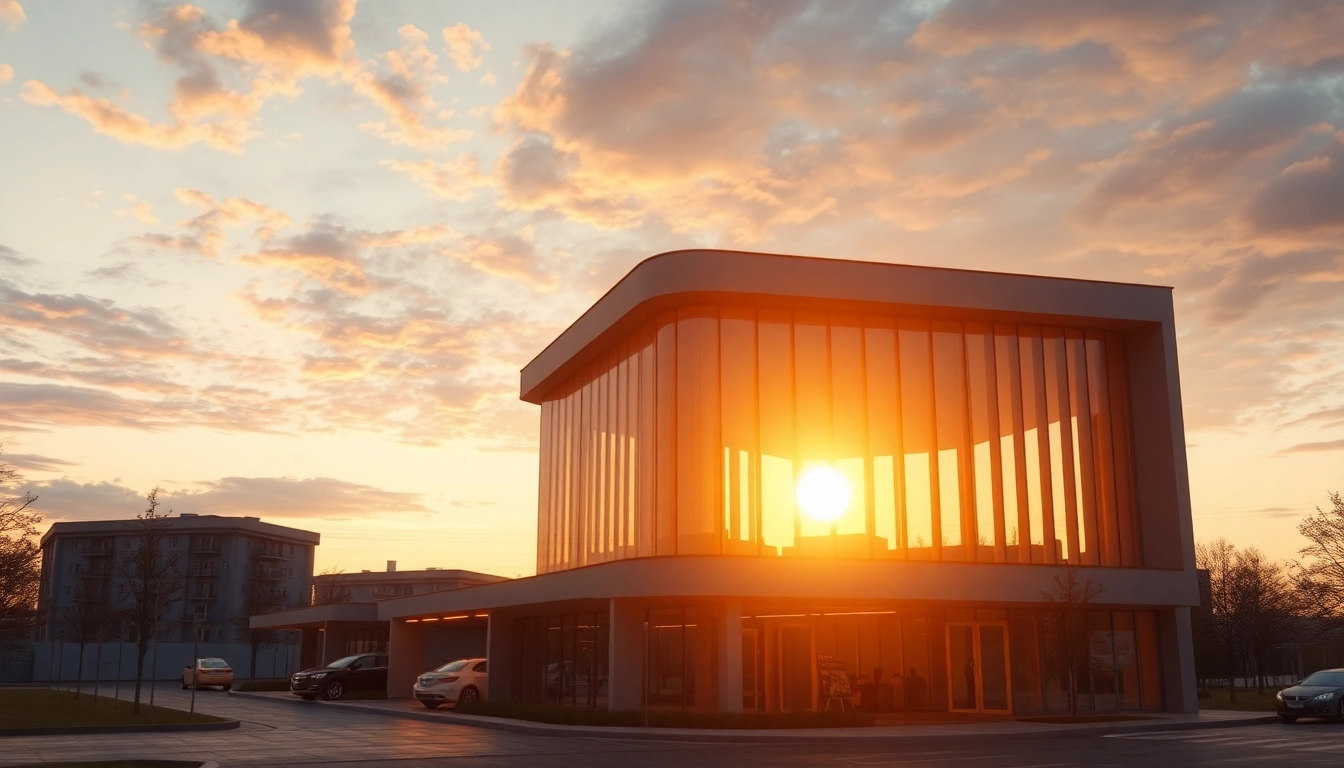 Fotorealistische Architekturvisualisierung eines modernen Gebäudes im Sonnenuntergang mit warmen Farben und Licht.