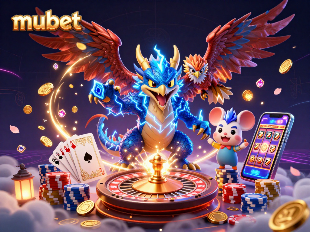 Win big with mubet's exciting casino games and stunning 3D illustrations featuring a thunder dragon and dynamic elements.