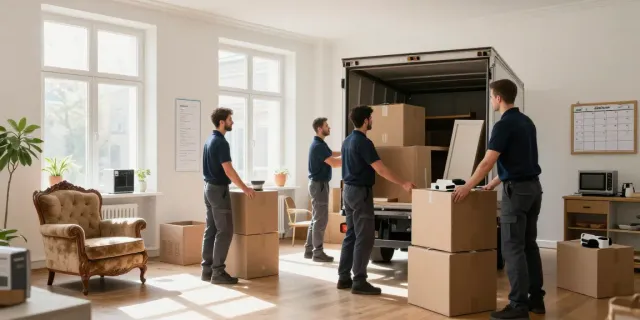 Professionelles Team bei der Wohnungsauflösung in Berlin Pankow, das Möbel und Kartons einpackt.