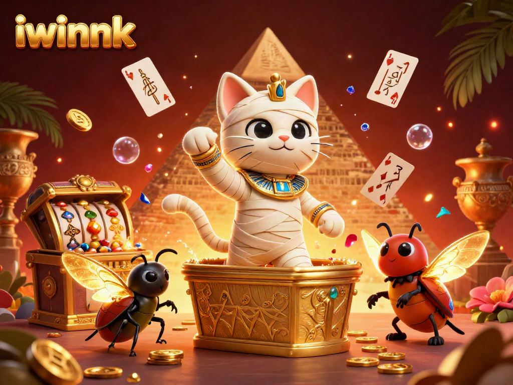 The Egyptian mummy cat from iwinnk bursts from a sarcophagus in a vibrant casino scene filled with slot reels and treasures.