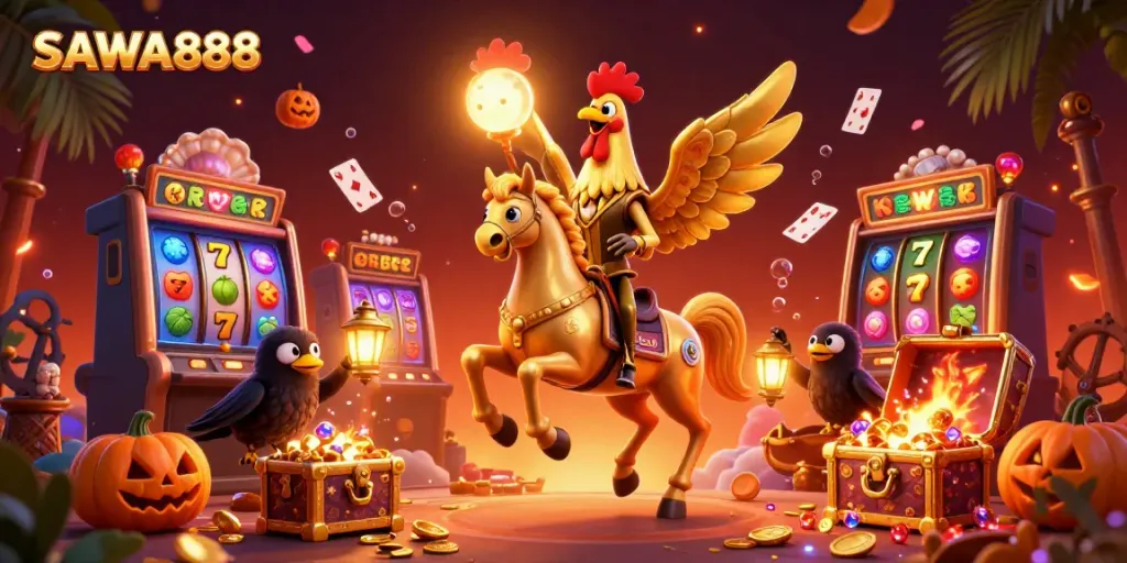 Experience the vibrant SAWA888 casino scene with a golden rooster, spectral horse, and lively characters amidst dynamic game elements.