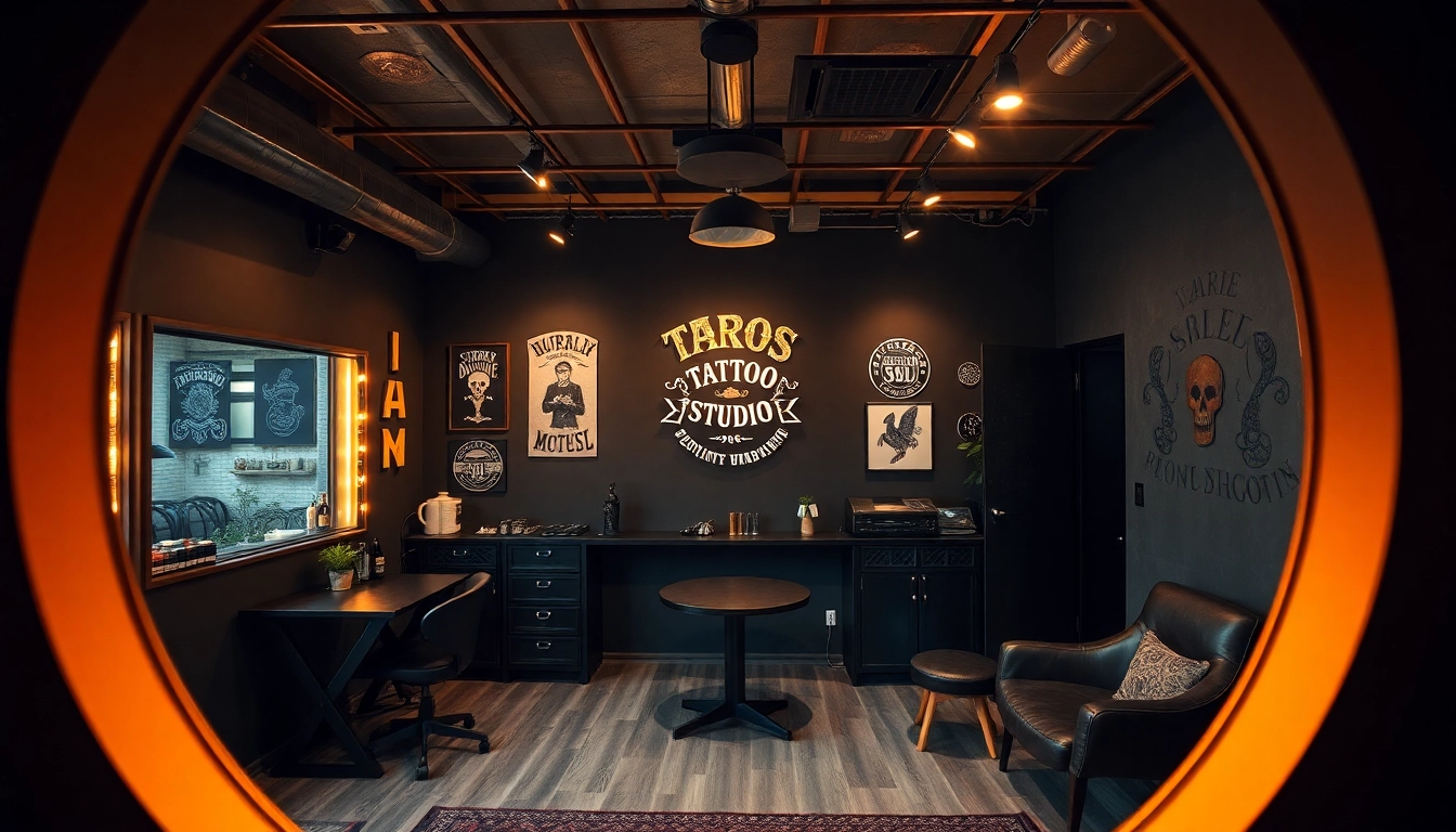 Professionelles Tattoo Studio München mit kreativen Designs auf Wänden und einladendem Ambiente.