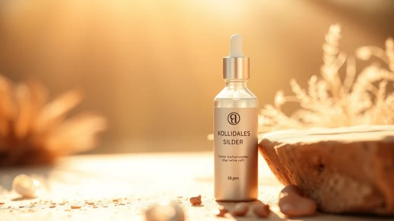 Promote Kolloidales Silber 50 ppm in a stylish bottle surrounded by natural elements for health-conscious consumers.