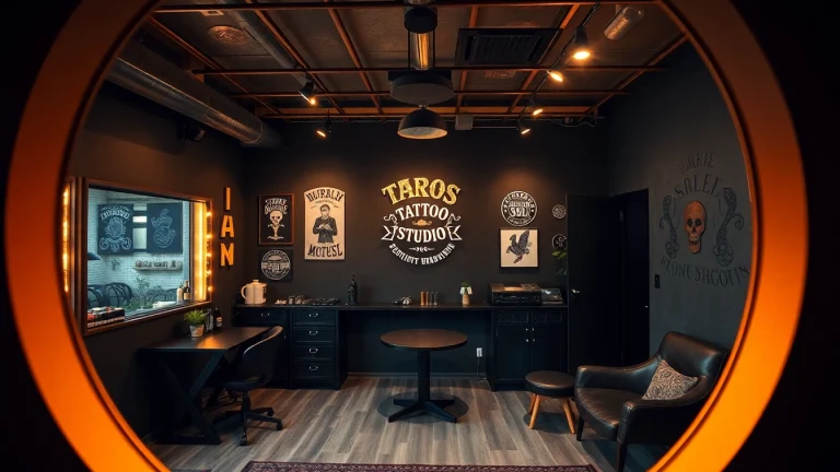 Professionelles Tattoo Studio München mit kreativen Designs auf Wänden und einladendem Ambiente.