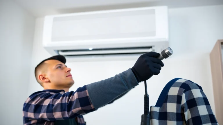 Technician efficiently Klima installieren a split air conditioning unit in a modern home setting, showcasing installation tools.