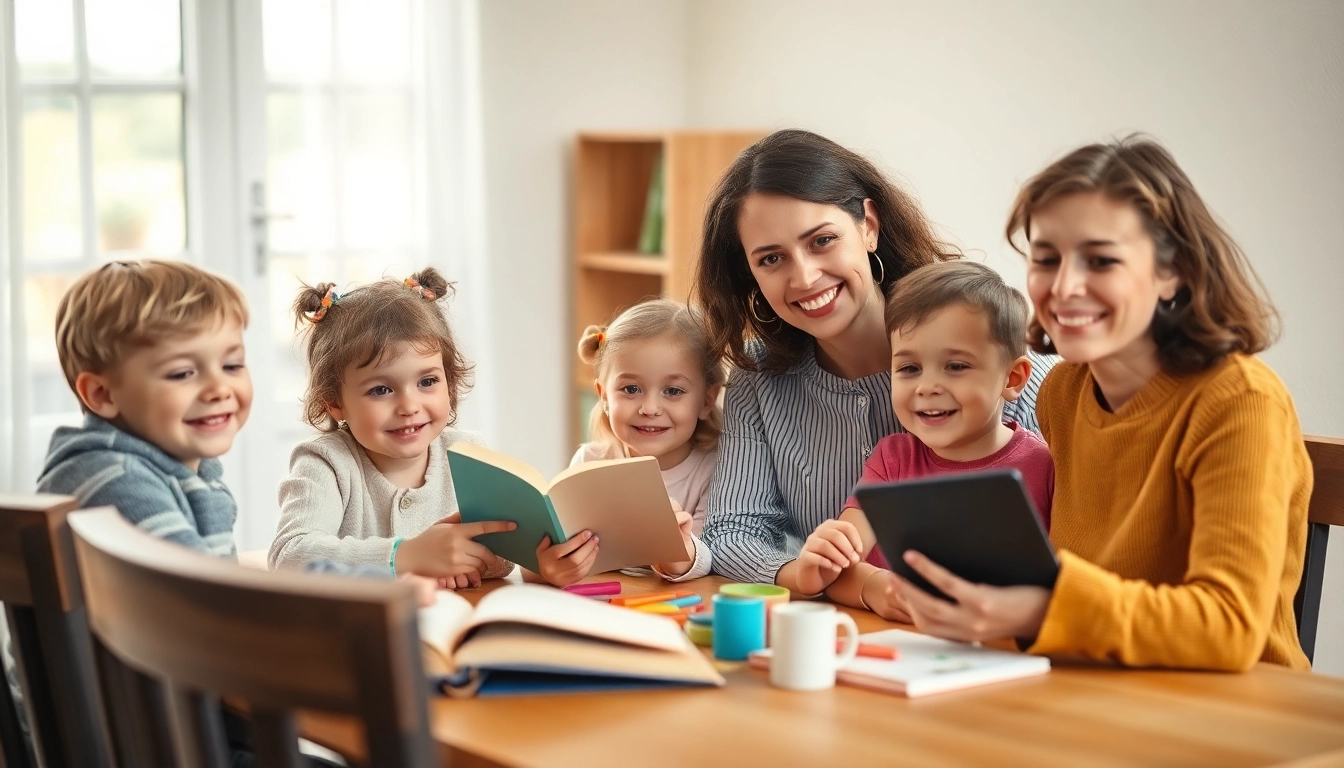 Familie bietet Heimunterricht an, indem sie gemeinsam am Tisch mit Lernmaterialien arbeitet und eine positive Lernumgebung schafft.