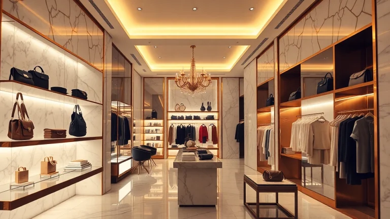 Luxury boutique displaying elegant fashion items with golden lighting and marble textures.