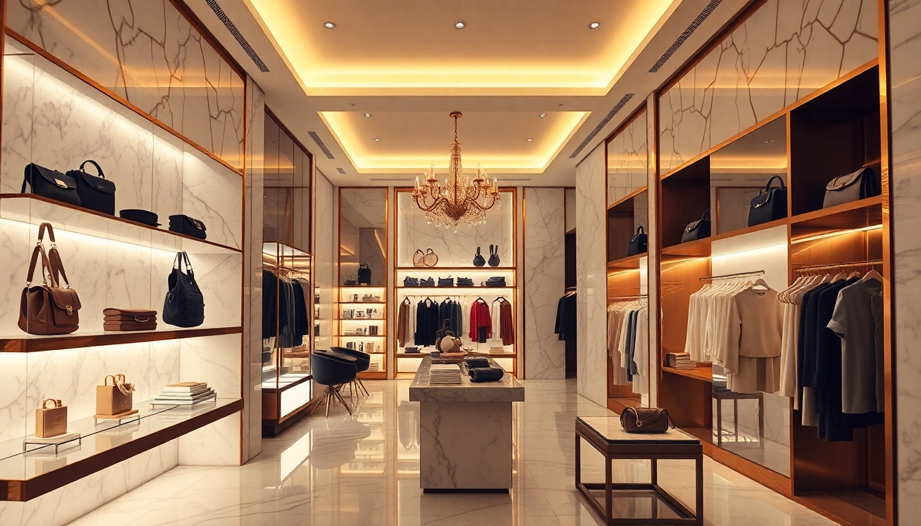 Luxury boutique displaying elegant fashion items with golden lighting and marble textures.