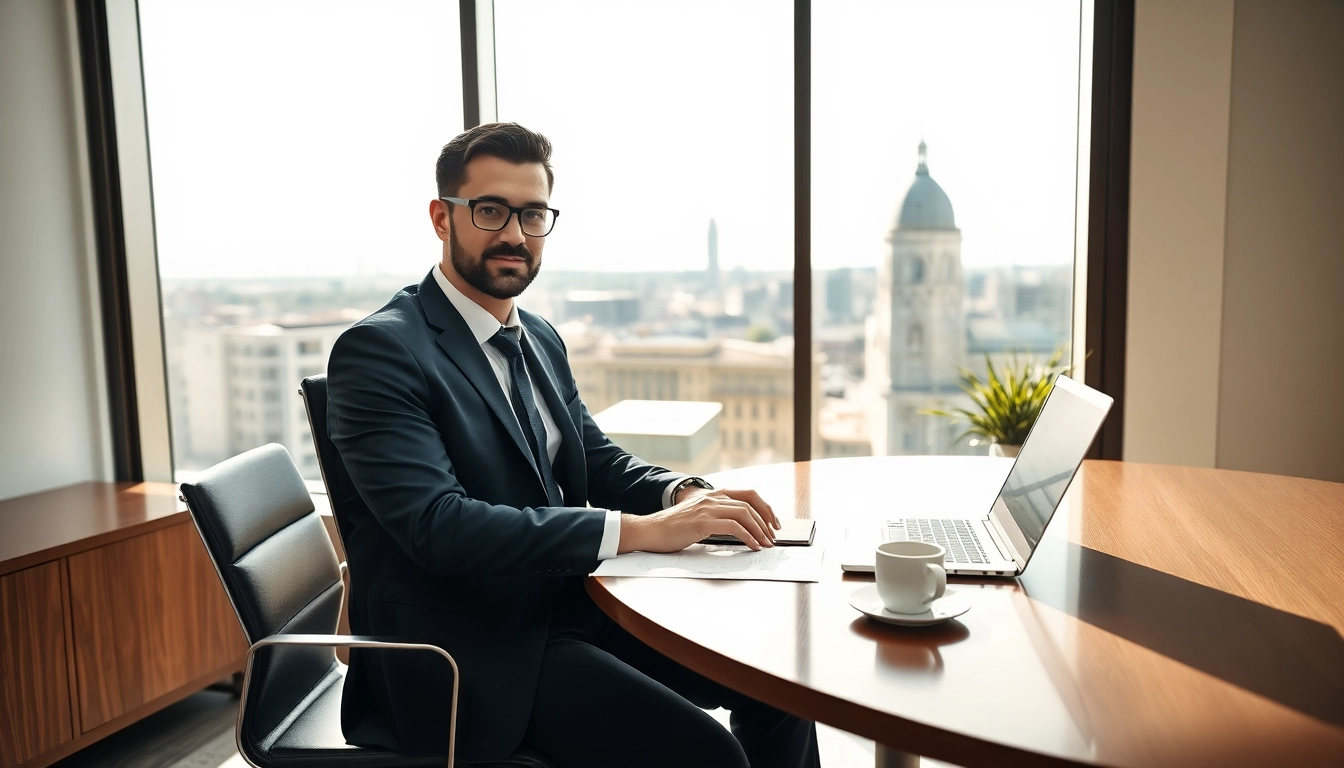 Headhunter Karlsruhe im modernen Büro mit Laptop und Stadtblick.