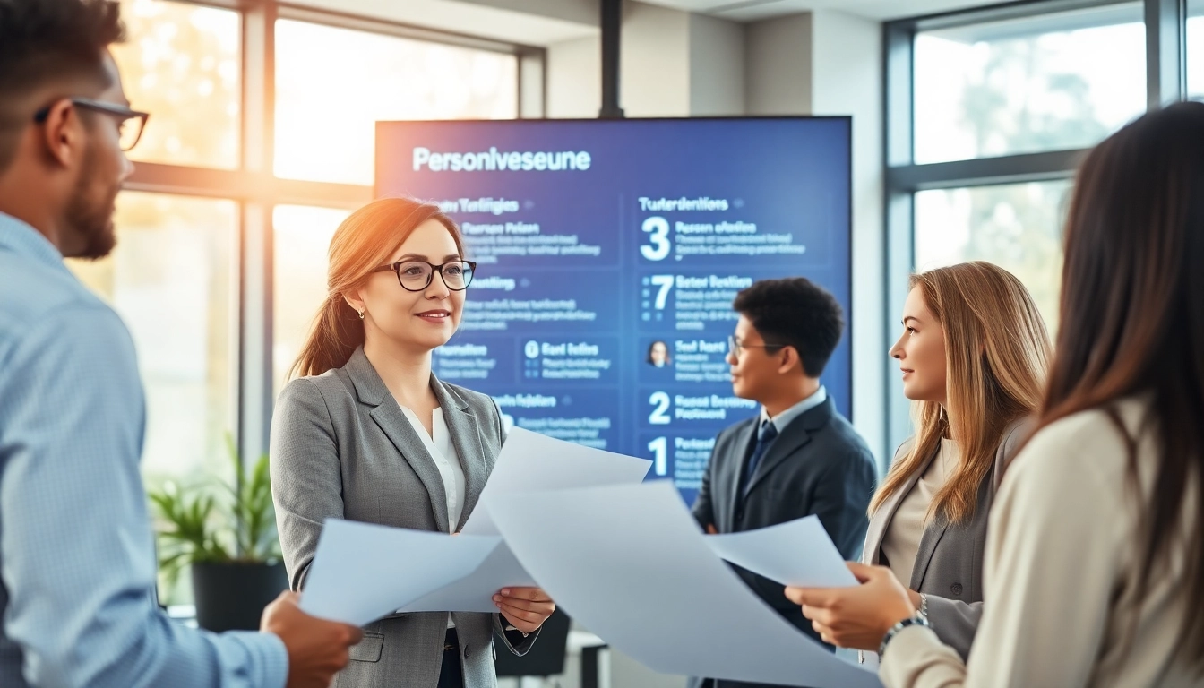 Rekruterin prüft Bewerbungen für Personalvermittlung in modernem Büro