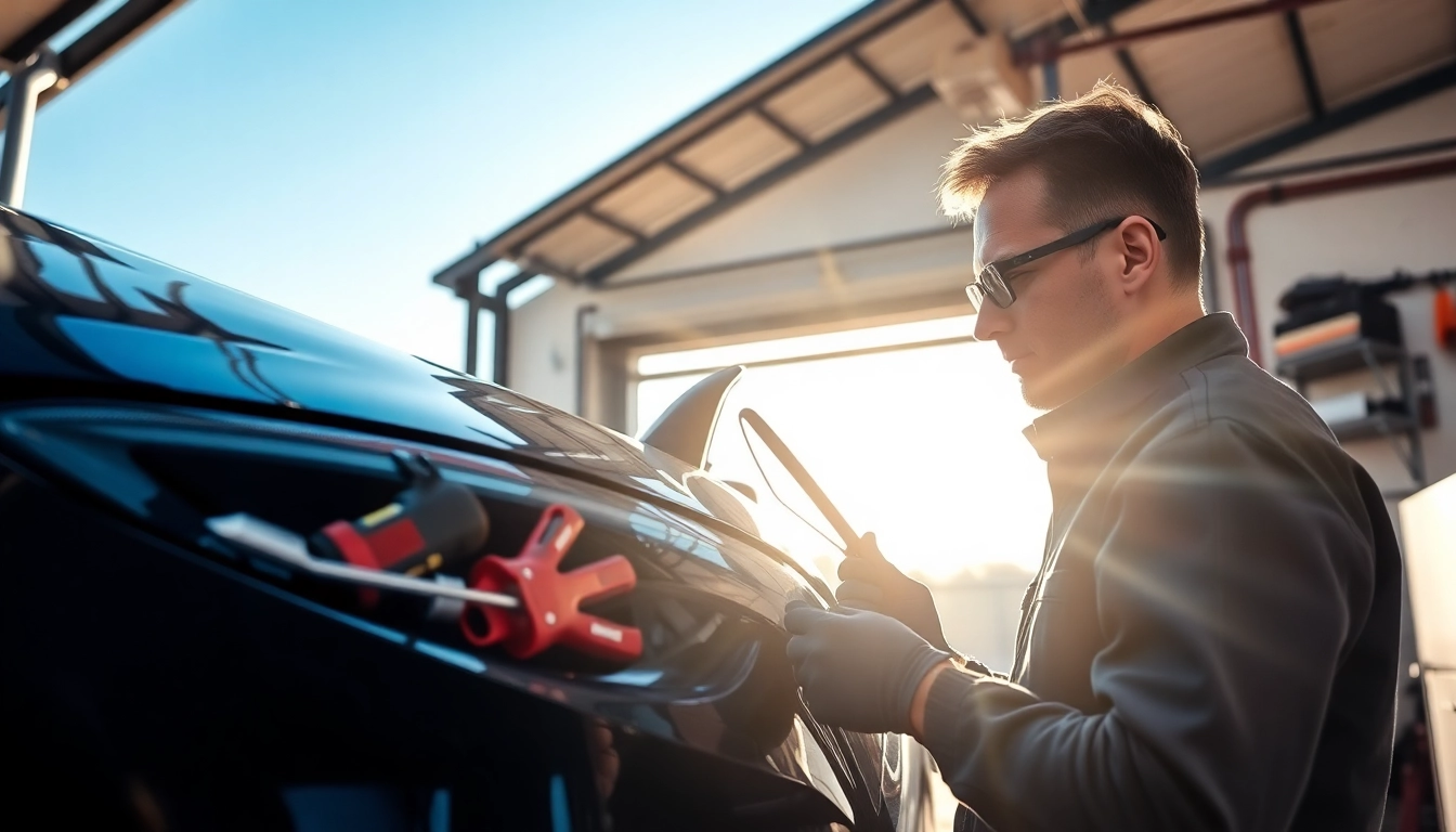 Kratzer Reparatur Auto München: Mechaniker repariert Fahrzeuglack präzise.