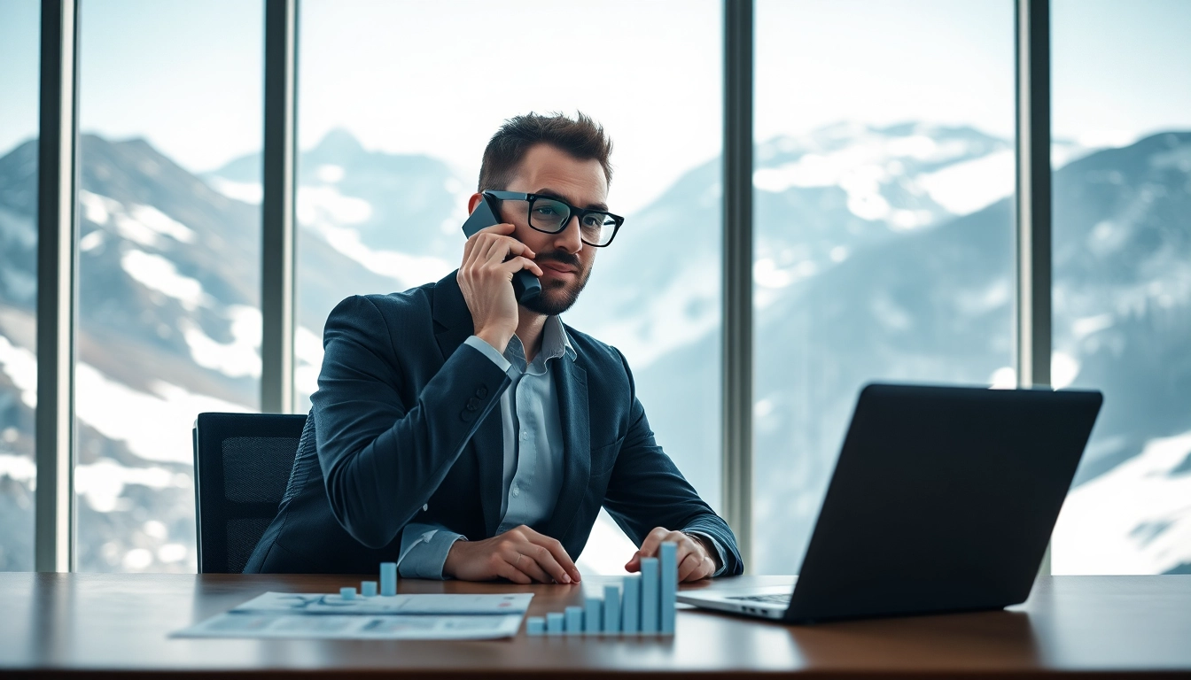 Professioneller Headhunter Schweiz am Telefon in modernem Büro mit Alpenblick.
