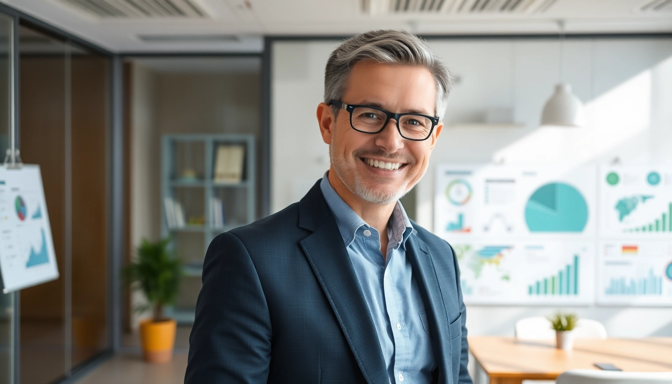 Headhunter in einem modernen Büro, umgeben von Karrieremöglichkeiten und positiven Grafiken.