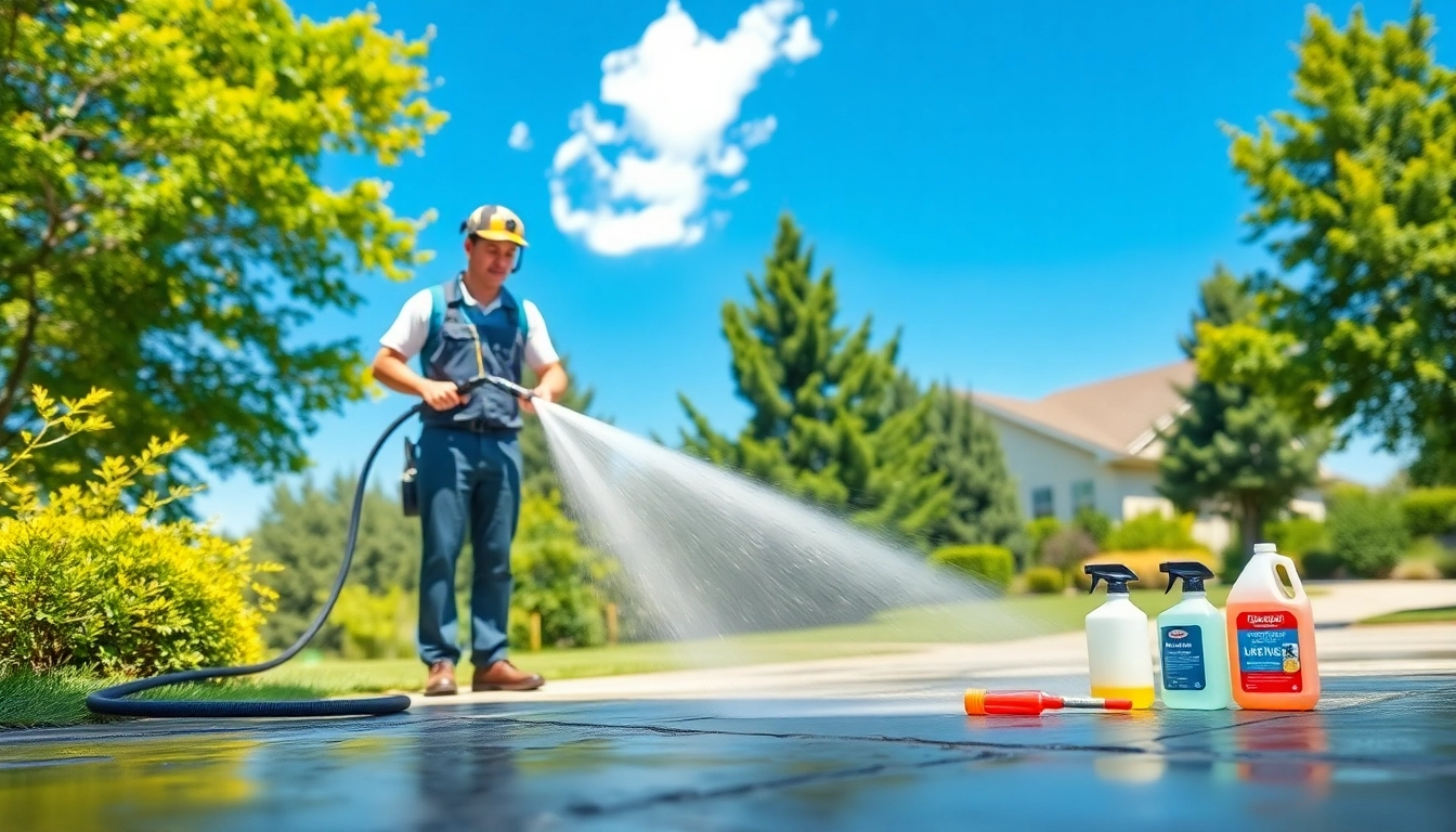 Driveway pressure wash in action, showcasing a technician cleaning concrete with a powerful pressure washer.