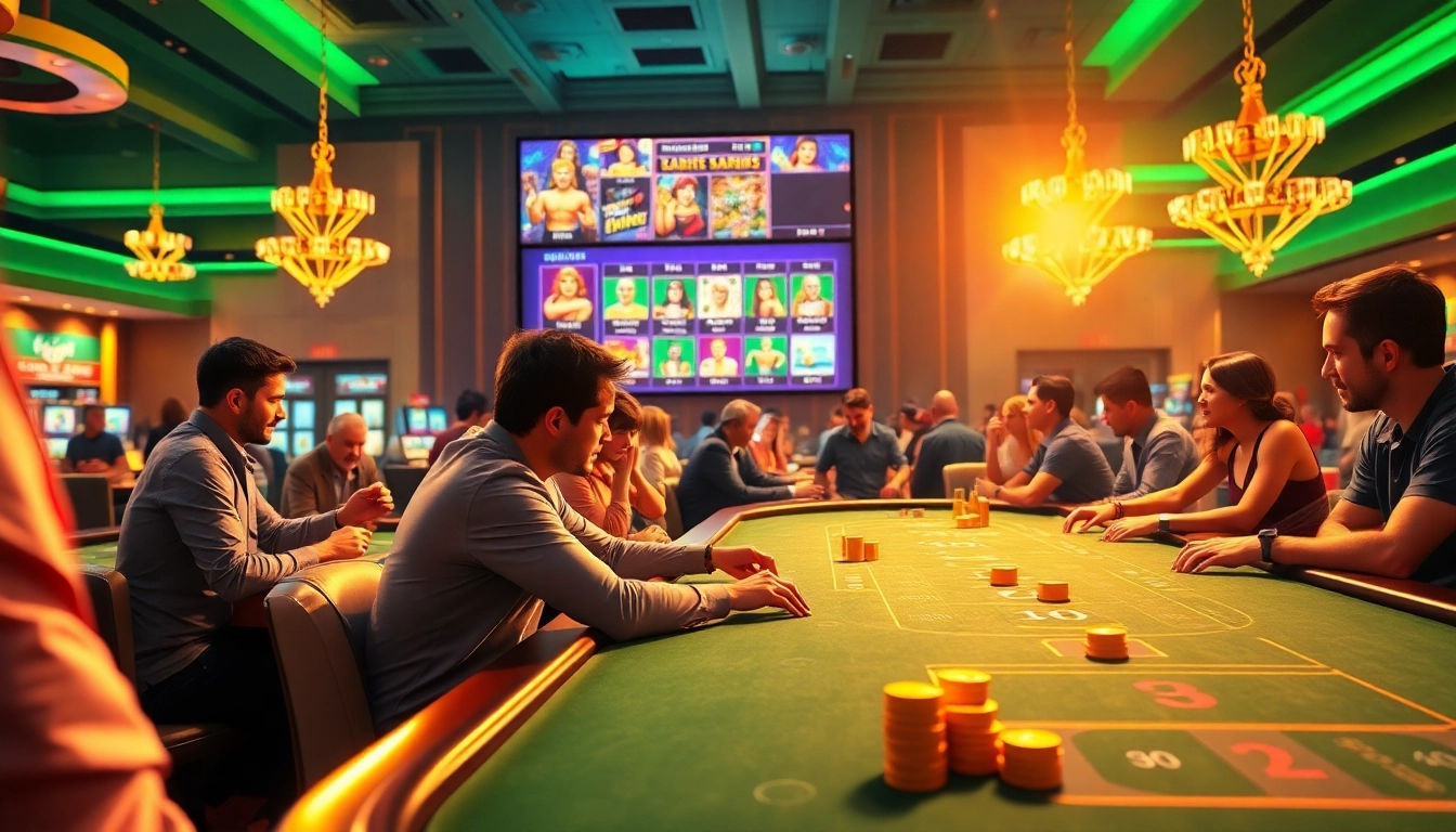 A vibrant magyar online kaszinó scene showcasing players at an exciting gaming table.