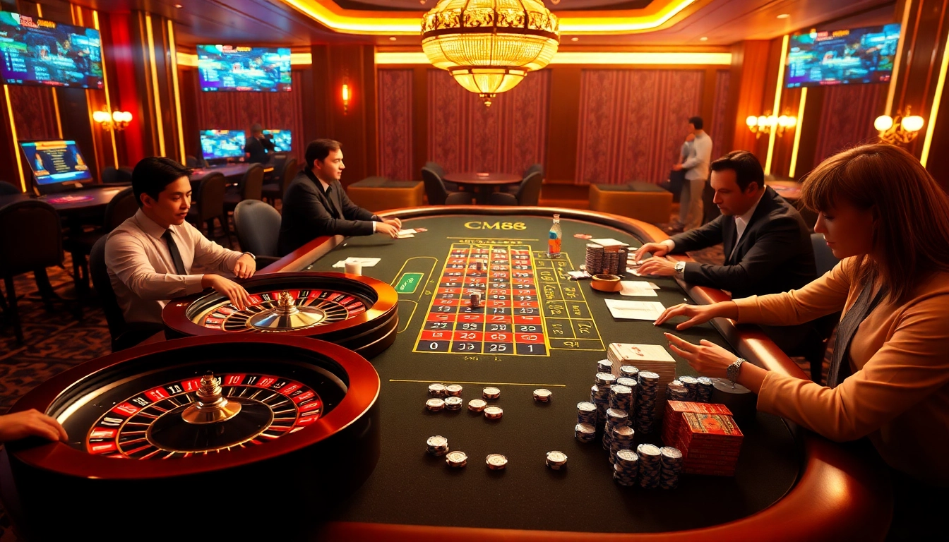 Gamblers enjoy a thrilling game at the CM88 casino table, surrounded by vibrant poker chips and cards.