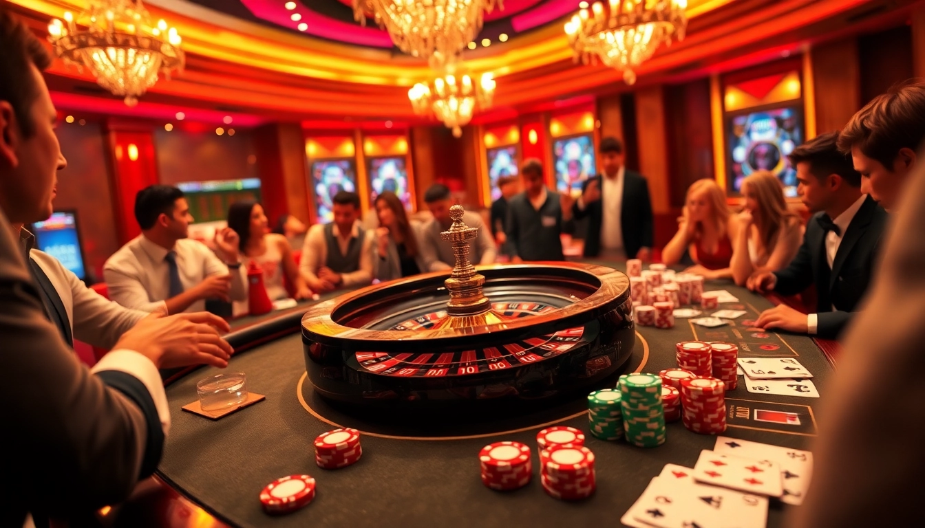 Engaged players celebrating exciting wins at a dynamic casino setting inspired by https://rr8888.in.net/ with roulette and poker elements.