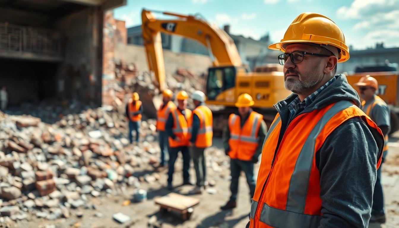 Demontage zum Festpreis durch Experten auf Baustelle mit Geräten und Sicherheitsausrüstung.