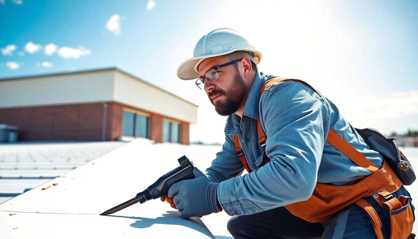 Flachdachsanierung Gewerbeimmobilie durch Fachmann zeigt professionelle Inspektionen.