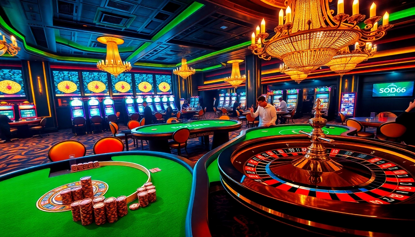 SODO66 players engaged at luxurious casino tables, highlighting an exciting gambling atmosphere.