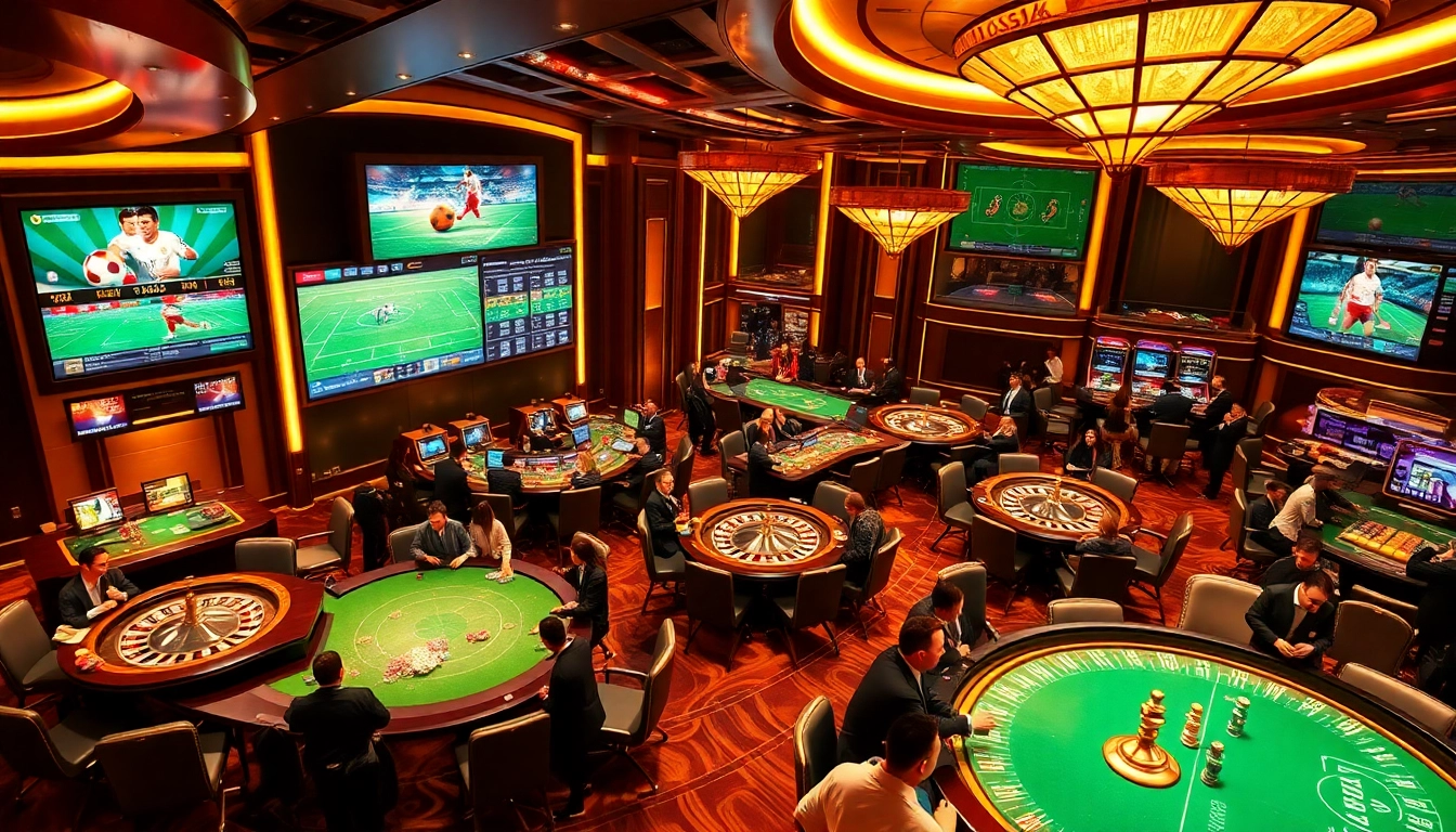 Betting in an upscale casino environment featuring keo nha cai with vibrant screens and exciting atmosphere.