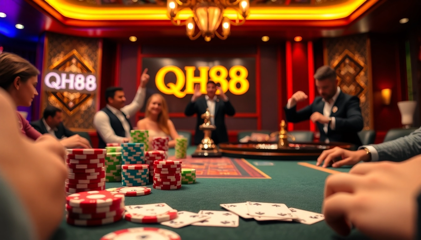 Thrilling poker scene at QH88 casino with vibrant chips and cards.