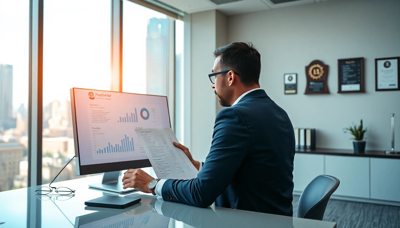 Headhunter Schweiz reviewing resumes in a modern office with city views