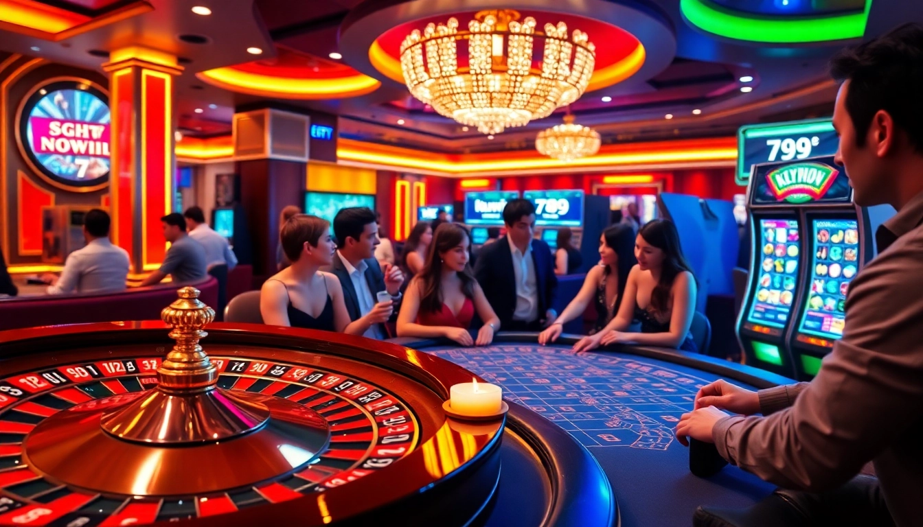 Kuwin 789 players enjoying thrilling moments at a casino with roulette, poker, and slot machines.